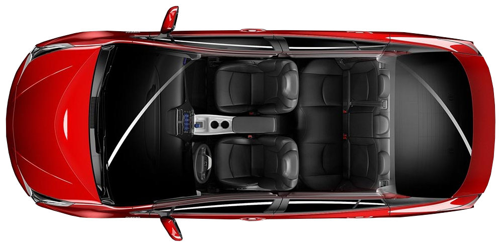 На фото серый салон и багажник автомобиля Toyota Prius 4 поколения вид сверху в разрезе