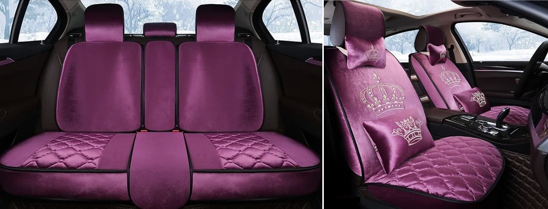 На фото велюровые чехлы фиолетового цвета на сиденьях в салоне автомобиля